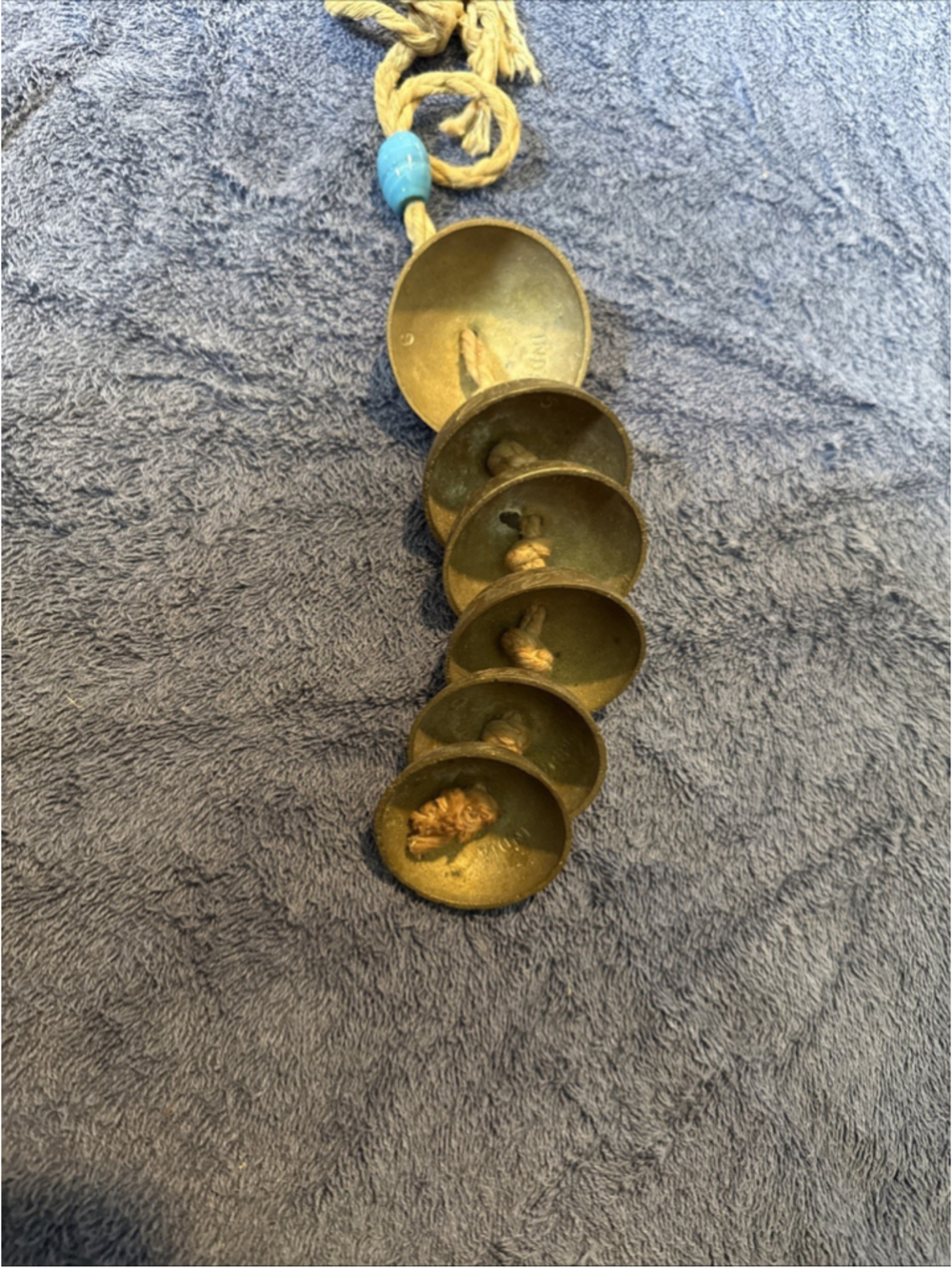 Vintage Bells Brass Bells 18" Long On A Rope W/ Glass Bead Old! - Picture 4 of 5